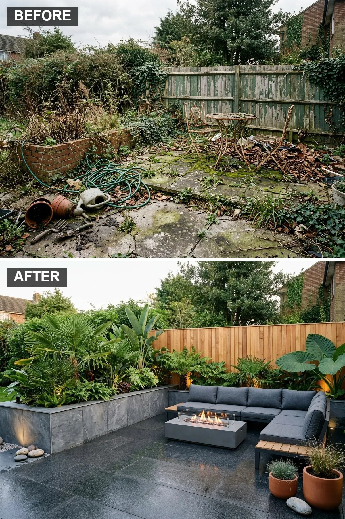 Tropical Oasis with Lush Foliage and Dark Tiles
