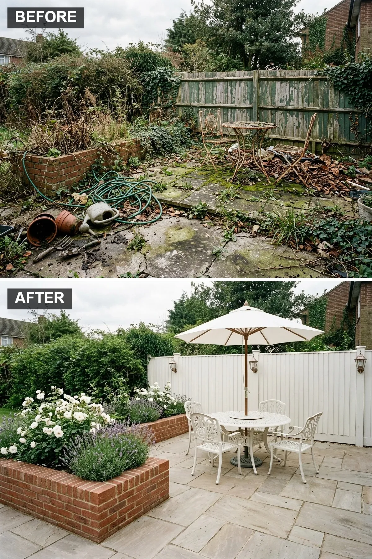 Elegant White Garden with Brick and Cast Iron