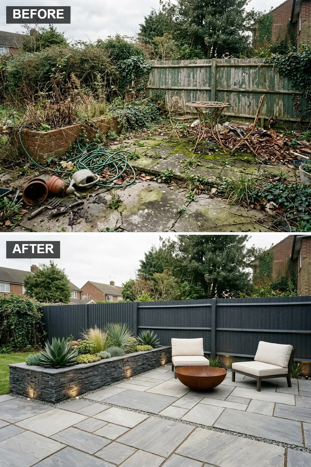 Contemporary Contrast with Dark Fencing and Architectural Plants
