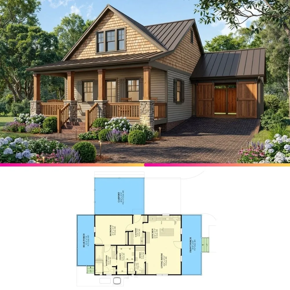 Efficient 1 Bed Cottage Plan with Carport