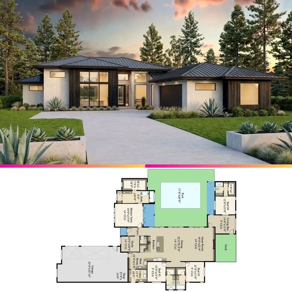 Modern Prairie Courtyard Home Plan