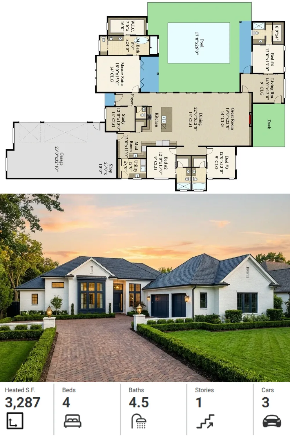 Painted Brick Ranch Facade Idea