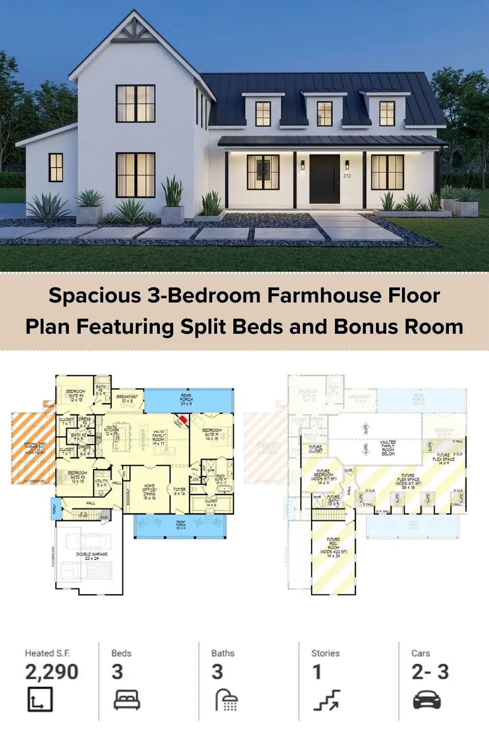 2,290 Sq Ft Split-Bedroom Farmhouse Floor Plan