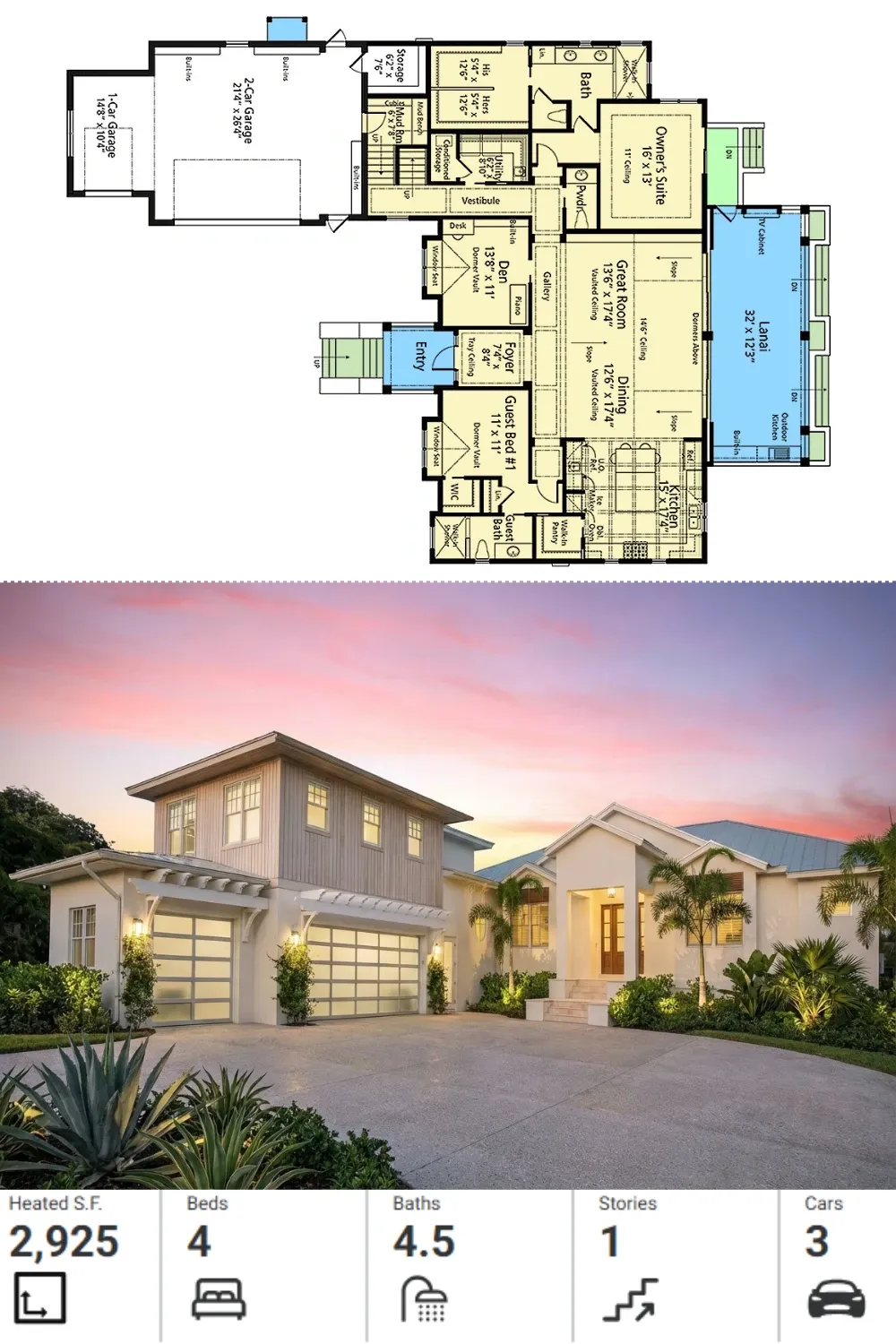 Modern Coastal Home Design with 3-Car Garage & Lanai
