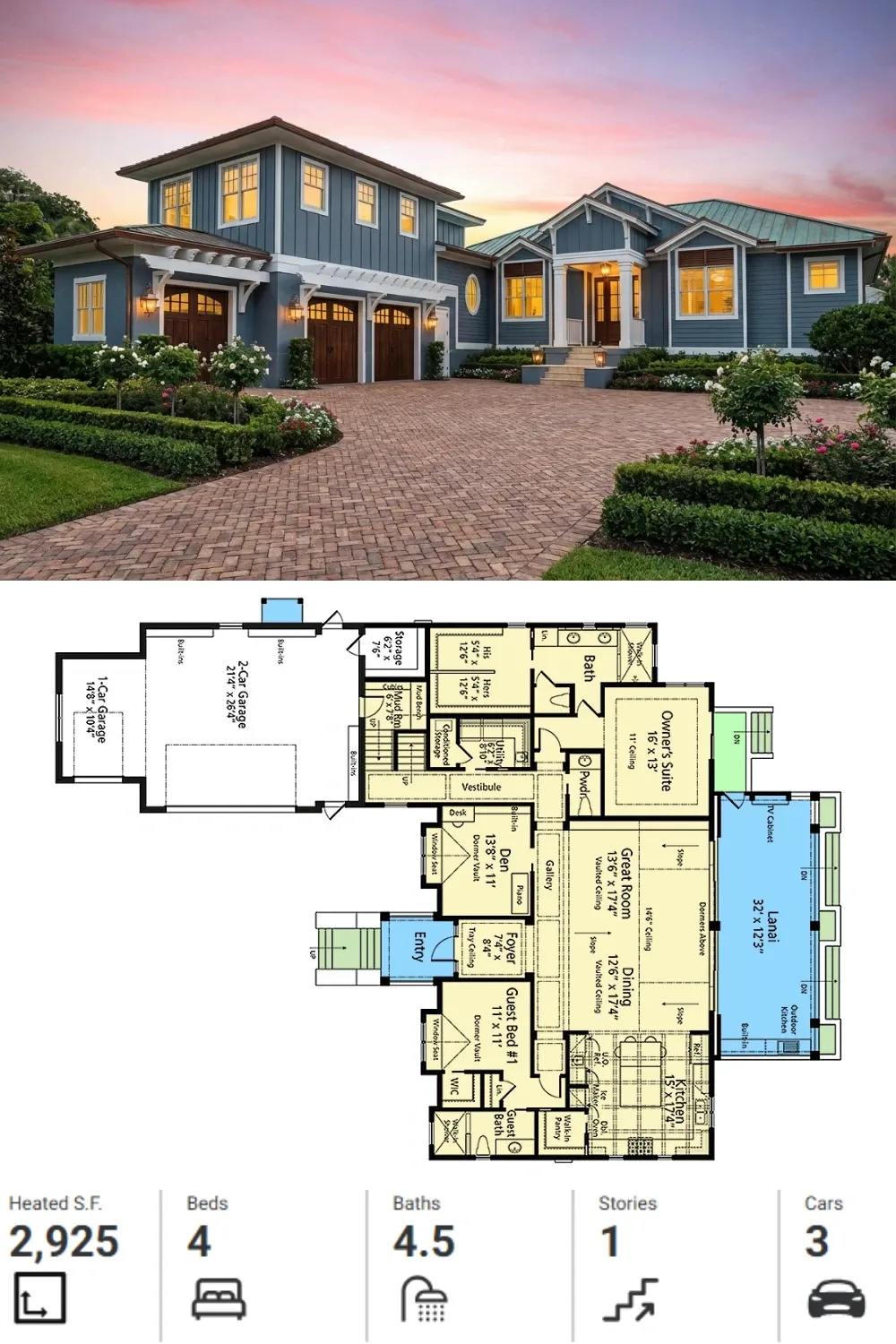 Blue Coastal Craftsman Exterior with 3-Car Garage