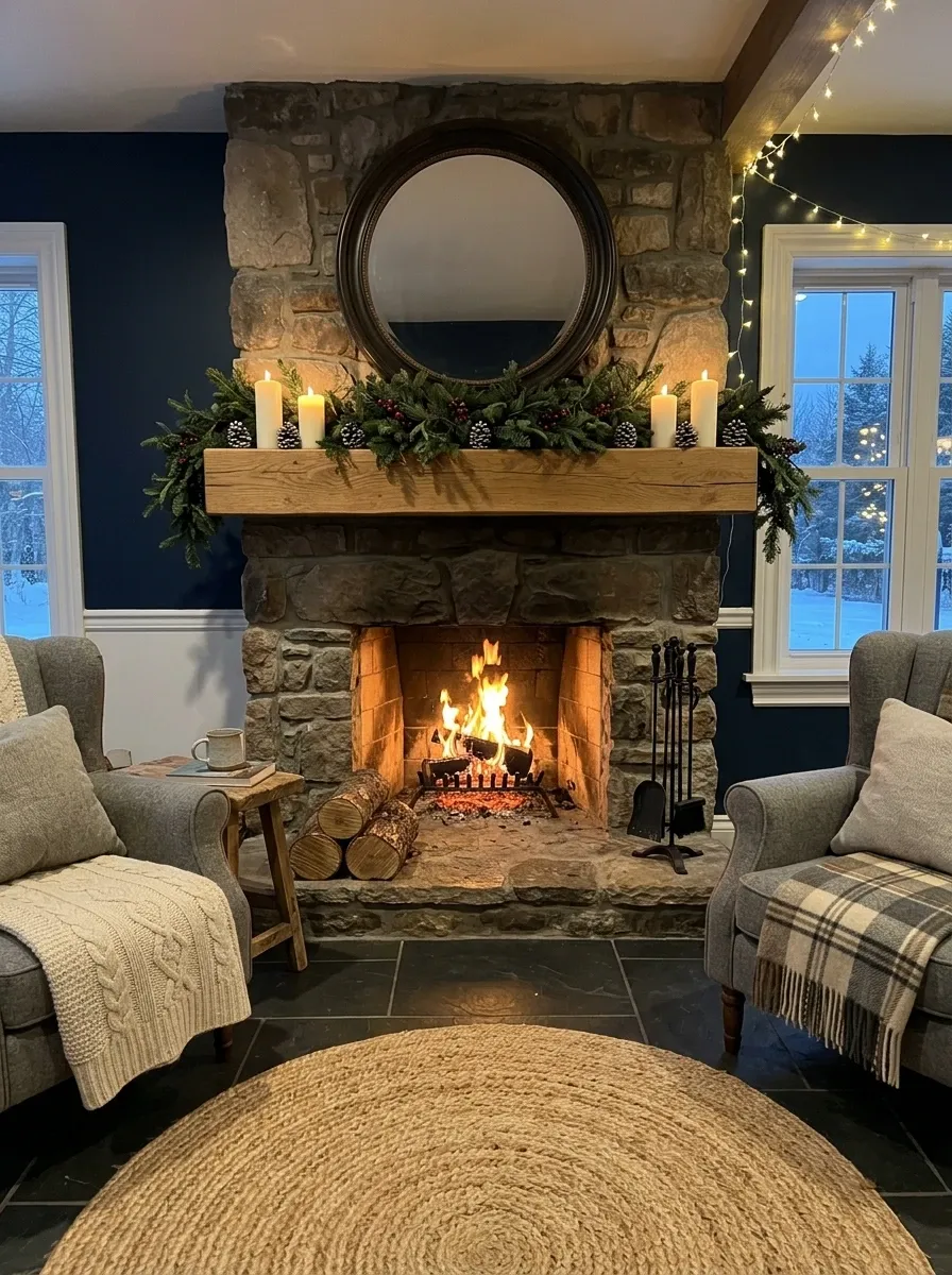 Rustic Stone Fireplace Christmas