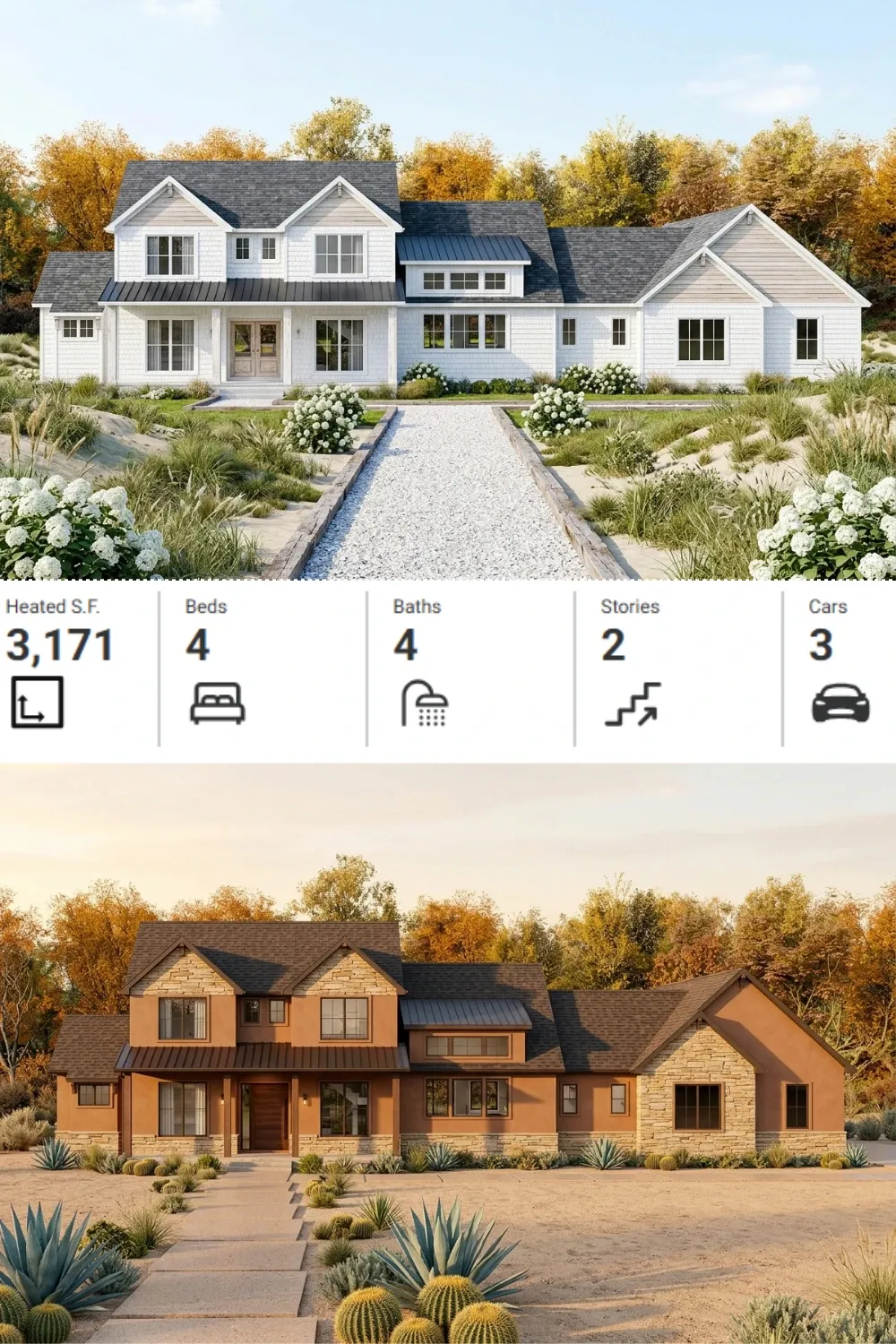 Farmhouse Facade Versatility: Coastal White vs. Desert Stucco