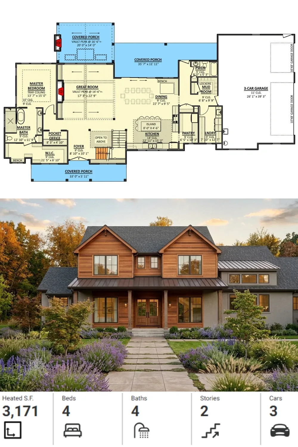 Main Level Floor Plan with Rustic Wood Exterior Concept