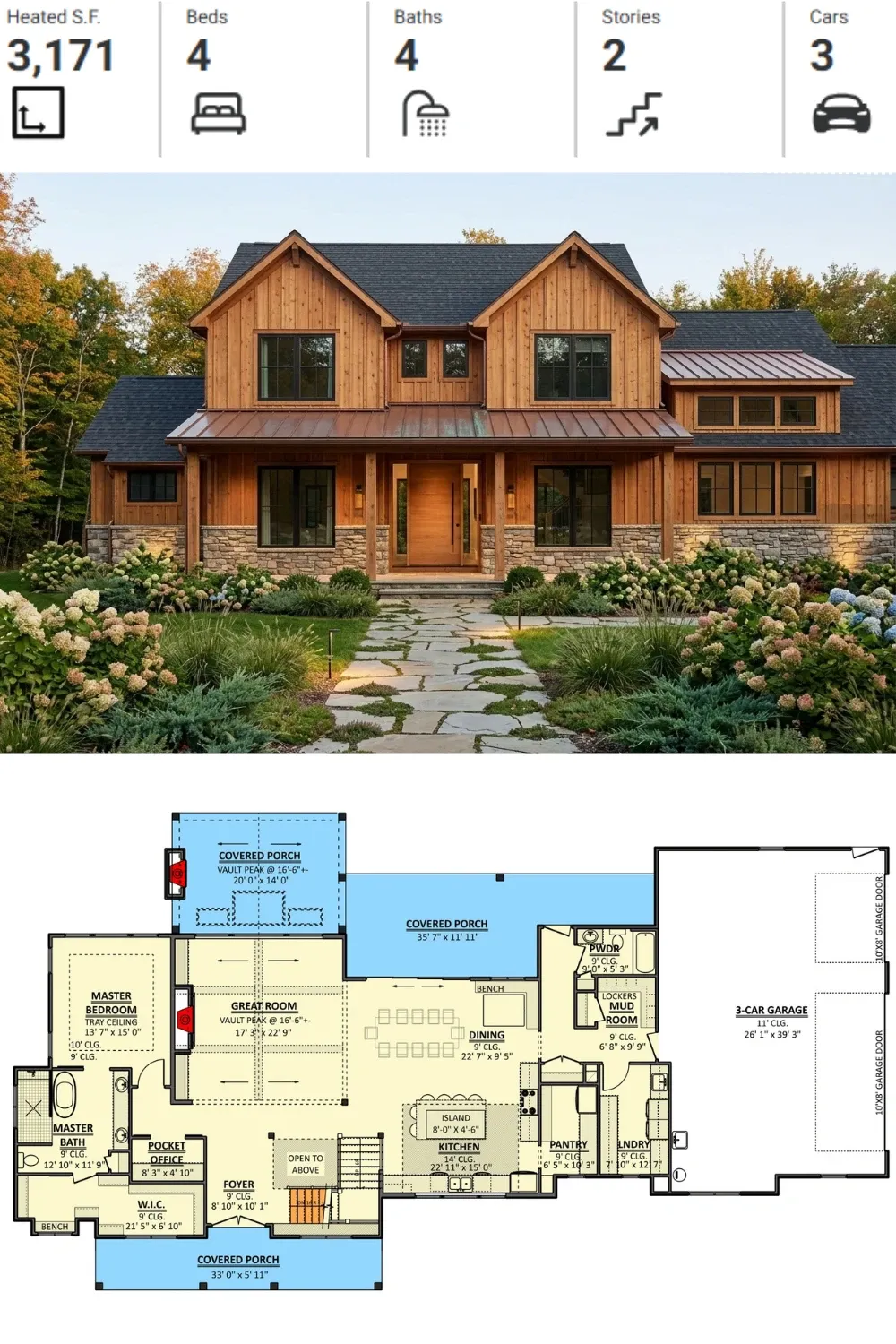 Open Concept Farmhouse Plan: 3,171 Sq Ft Layout