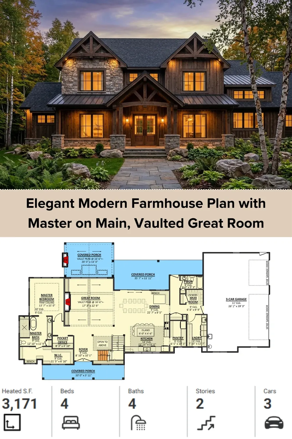 Moody Rustic Farmhouse Exterior and Floor Plan Details