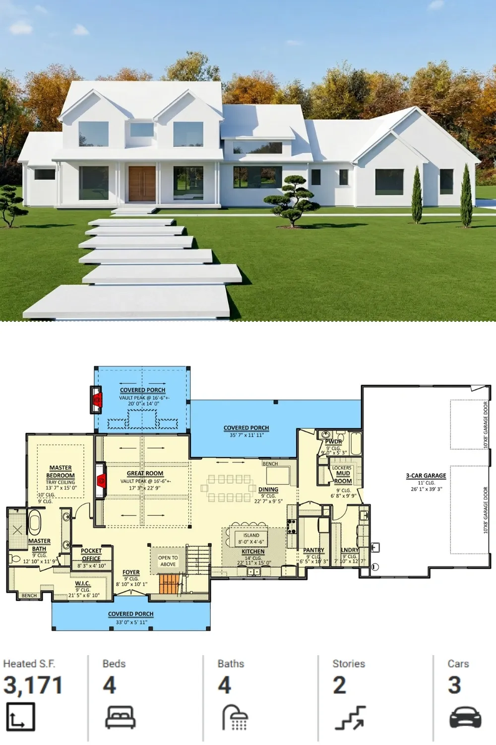 Minimalist White Farmhouse Facade and Layout