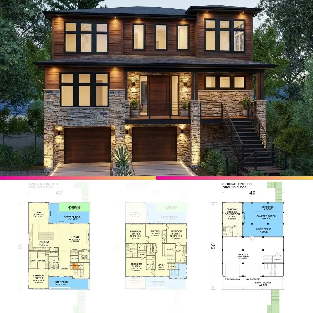 Elevated Coastal Modern Home Plan with Elevator