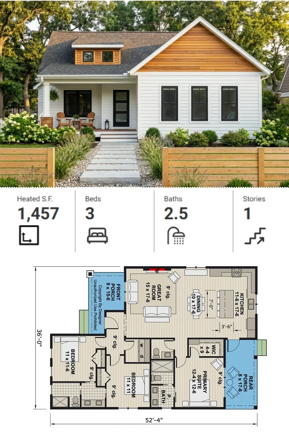 3-Bed Craftsman Cottage Plan with Porch