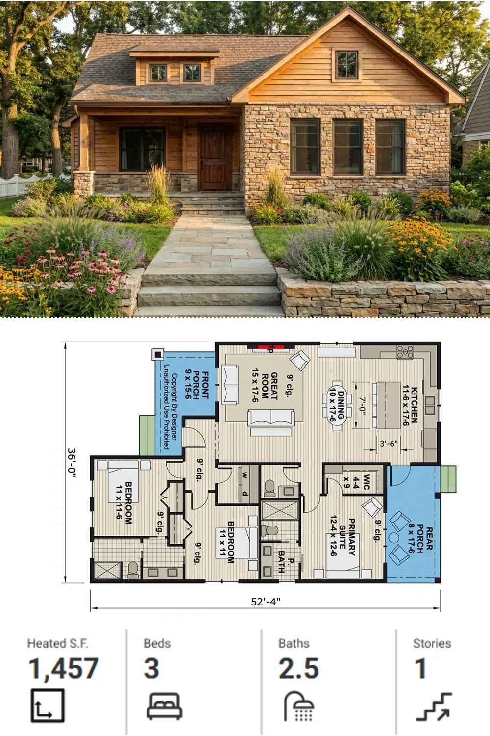 Rustic Stone and Wood Bungalow Floor Plan
