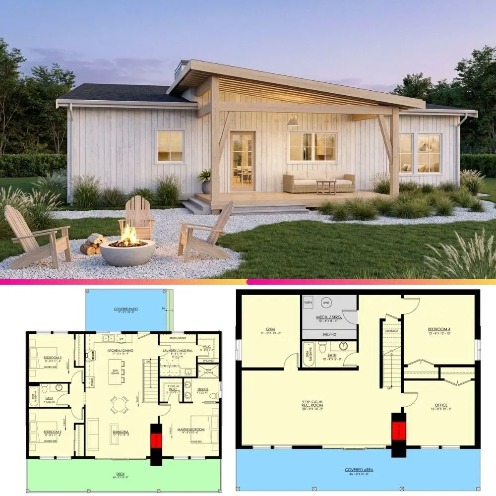 Modern 4 Bed Lake House Plan with Walkout Basement & Deck
