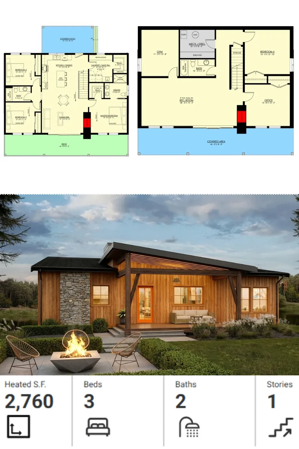 Rustic Modern 4-Bed Plan: Floor Layouts & Exterior View