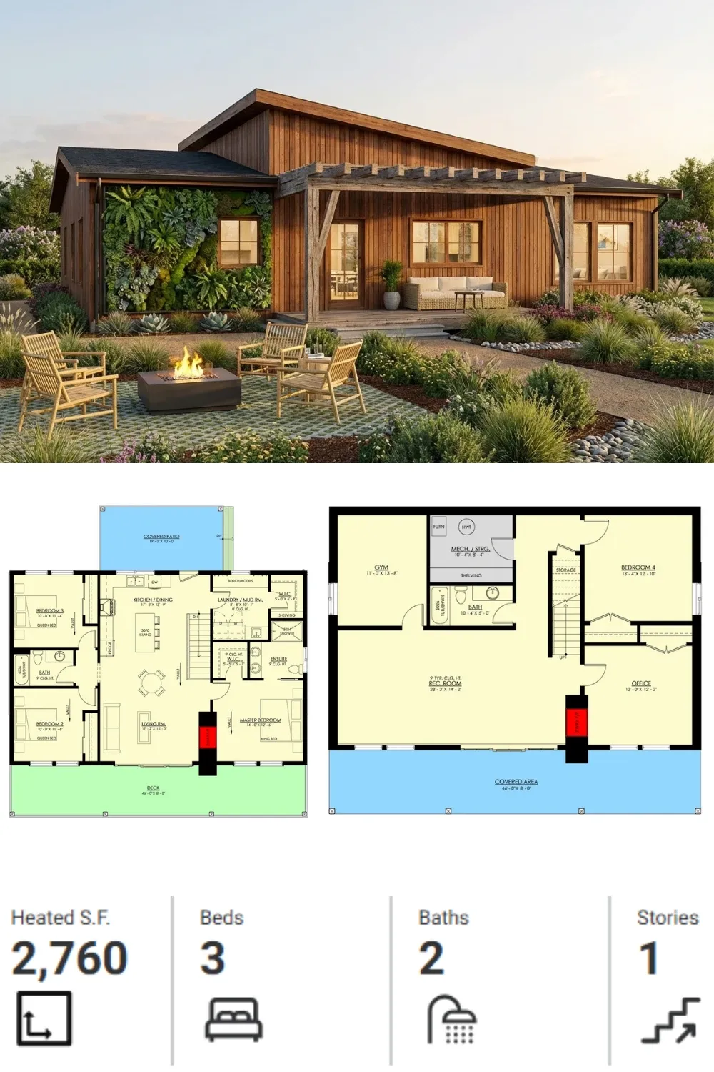 Eco-Friendly Modern Home Plan with Living Wall & Layout