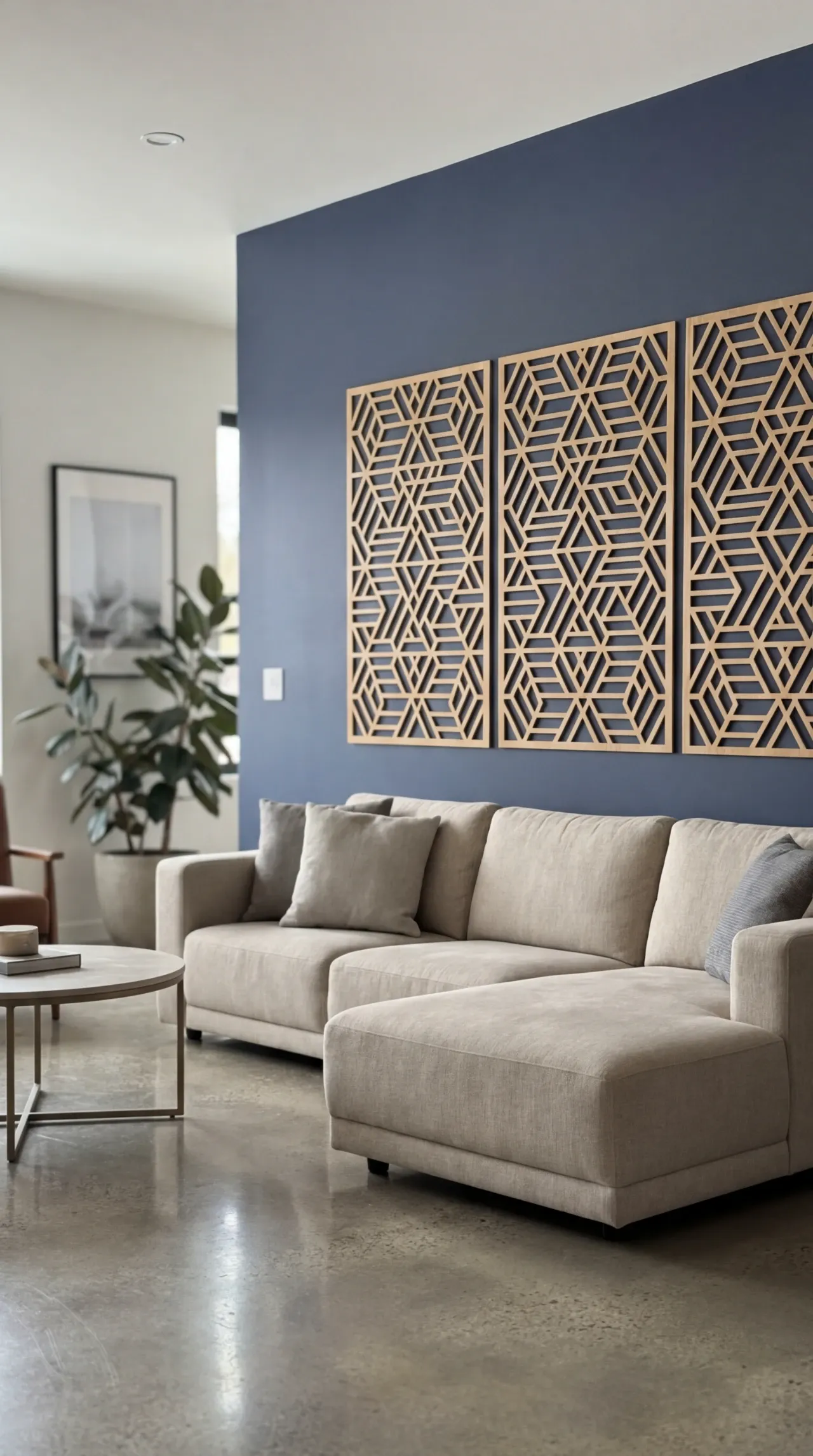 Geometric Wood Panels on Dark Wall