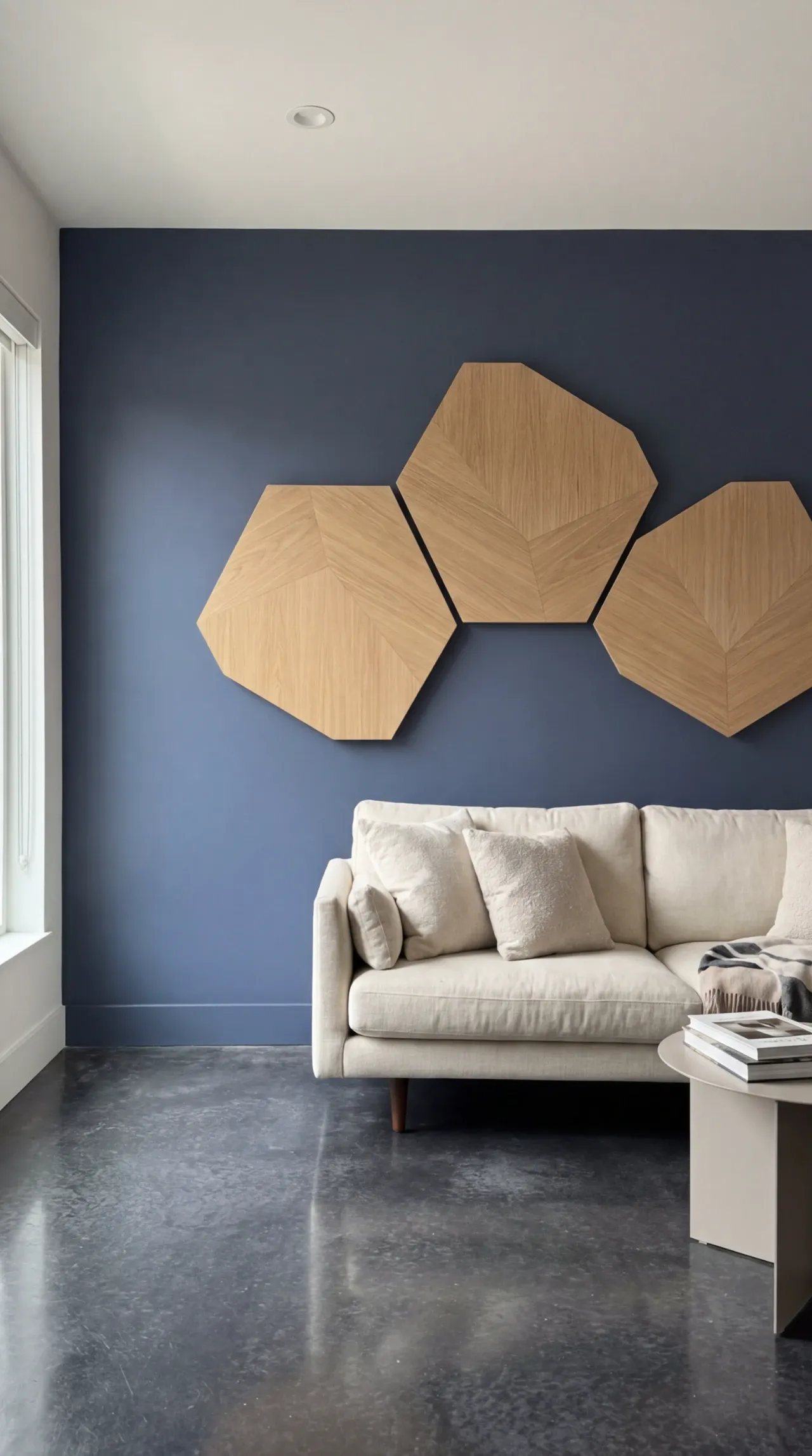 Geometric Wood Art on Bold Blue Wall