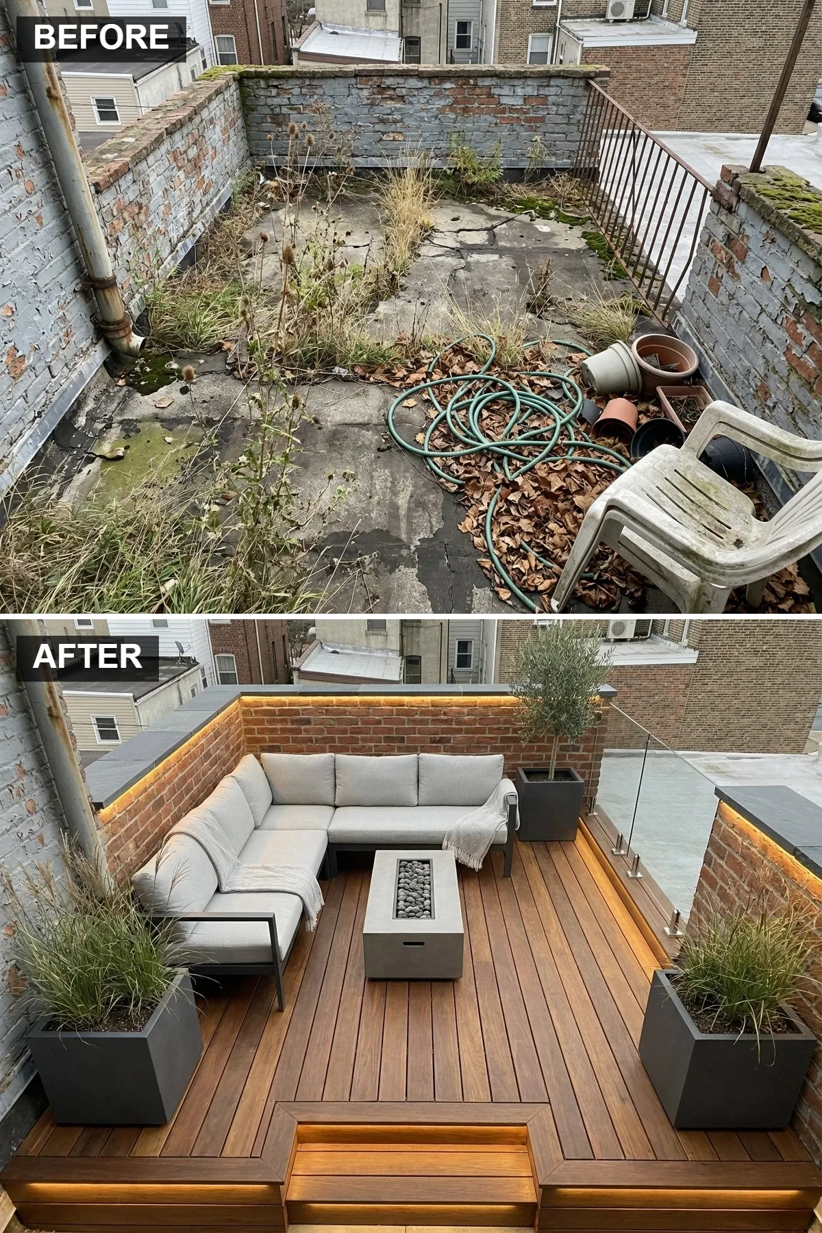 Warm Industrial Lounge with Fire Pit