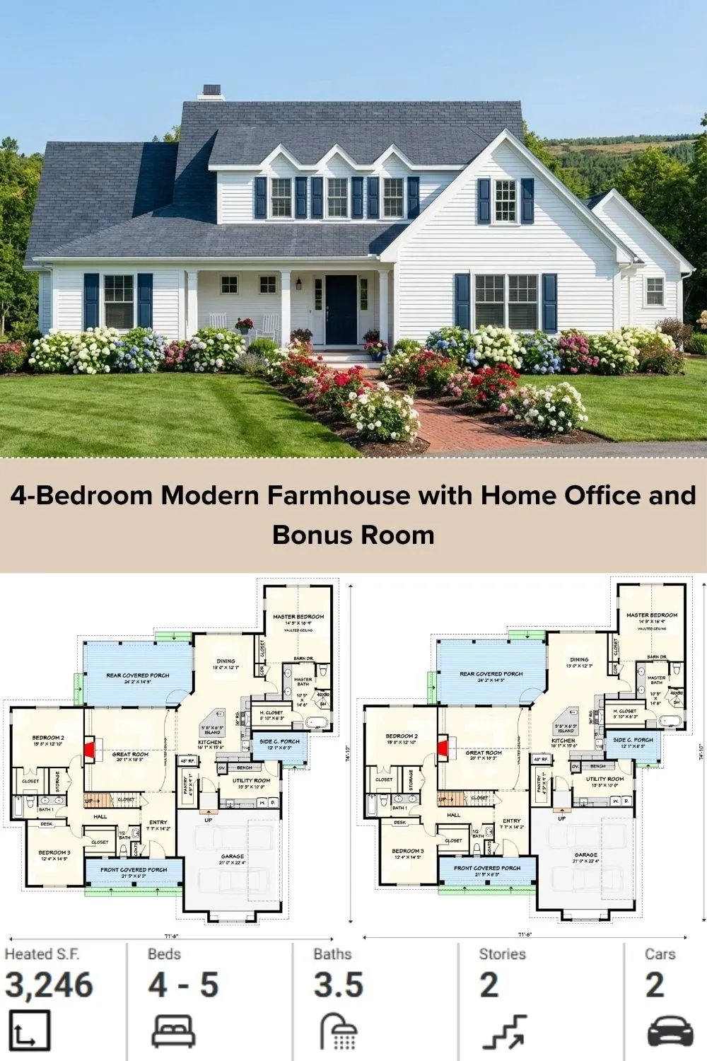 Classic White Farmhouse: 2-Story Plan with Bonus