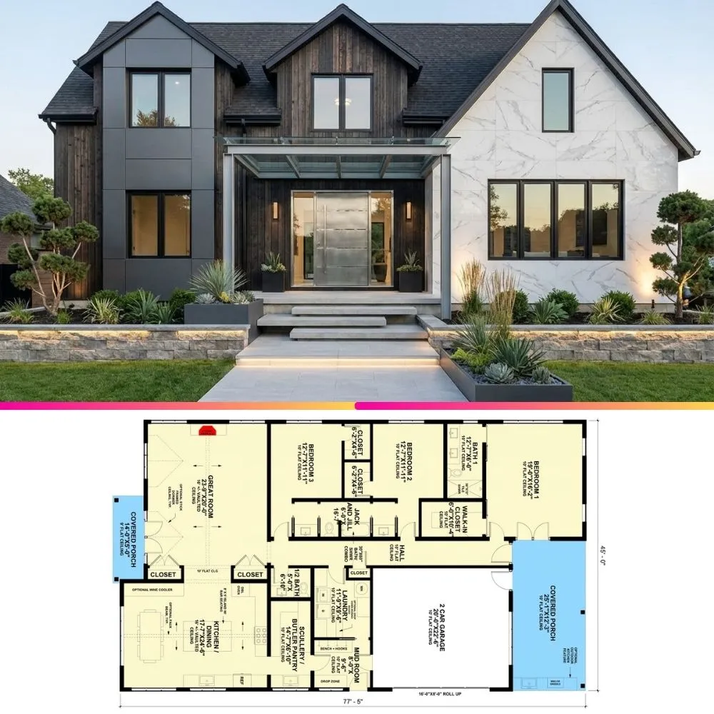 Ultra Modern Black and White House Plan Facade