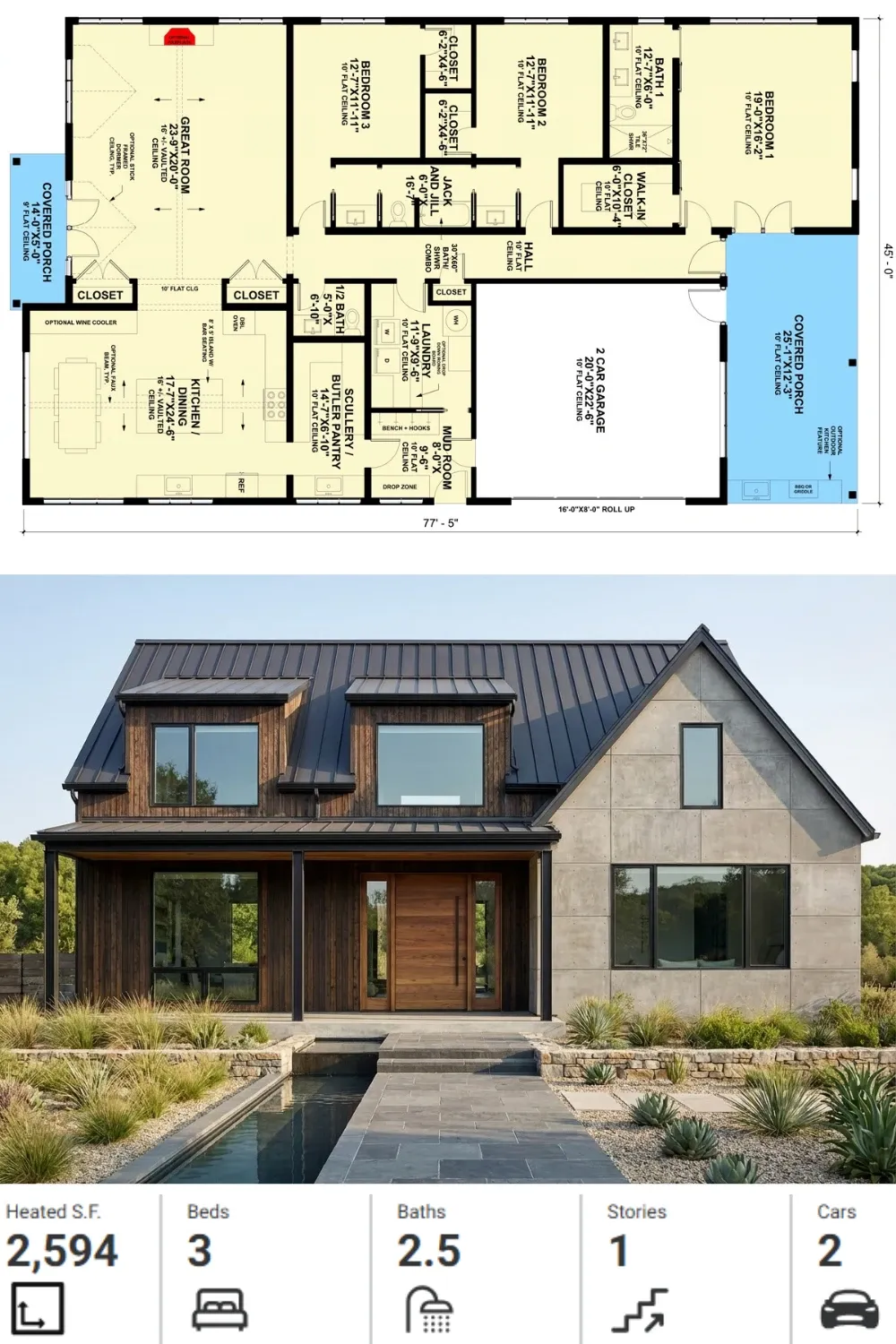 2,594 Sq Ft Floor Plan with Contemporary Industrial Facade