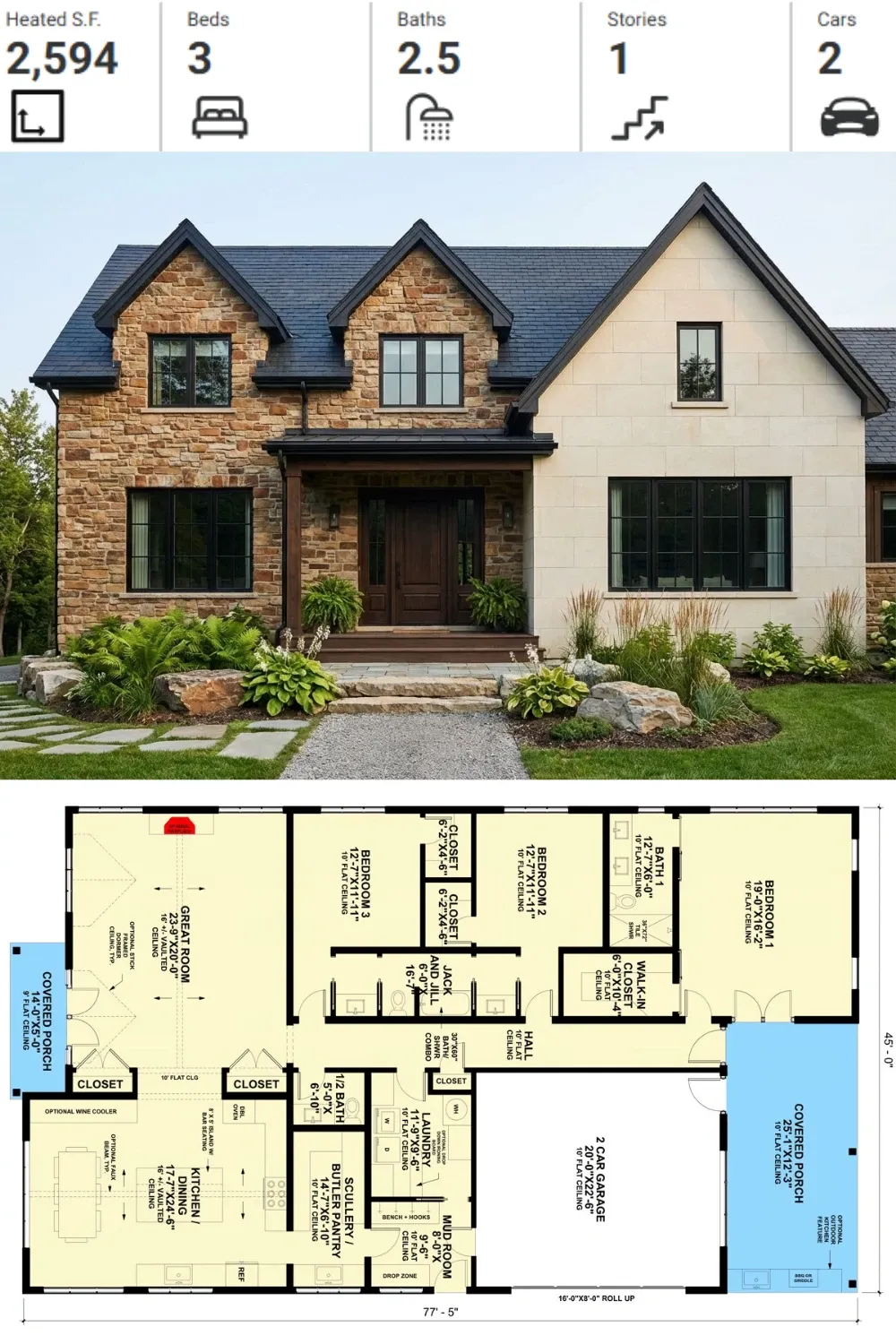 Stone and Siding Rustic Traditional House Plan