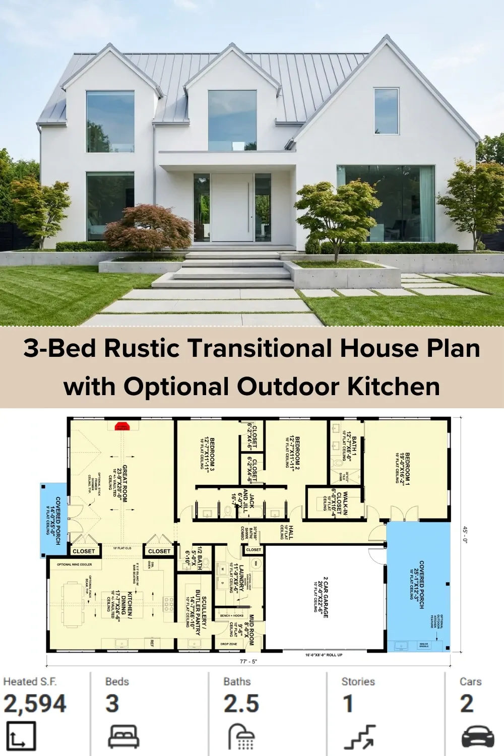 Minimalist White Stucco Modern Farmhouse & Floor Plan