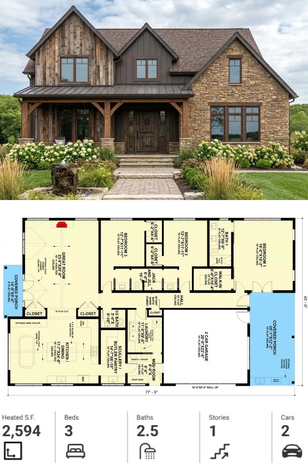 Rustic Lodge Facade with Timber & Stone Details