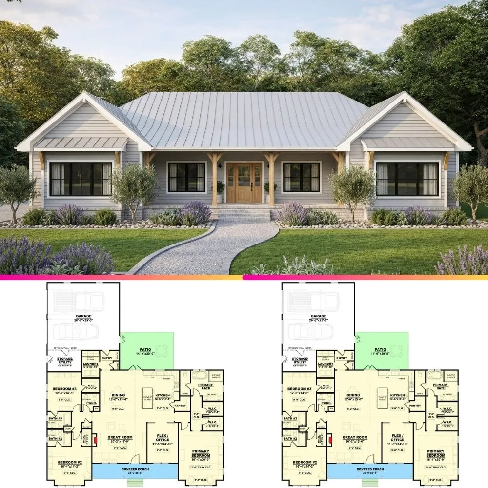 Single Story Modern Farmhouse Plan with Flex Room & Front Porch