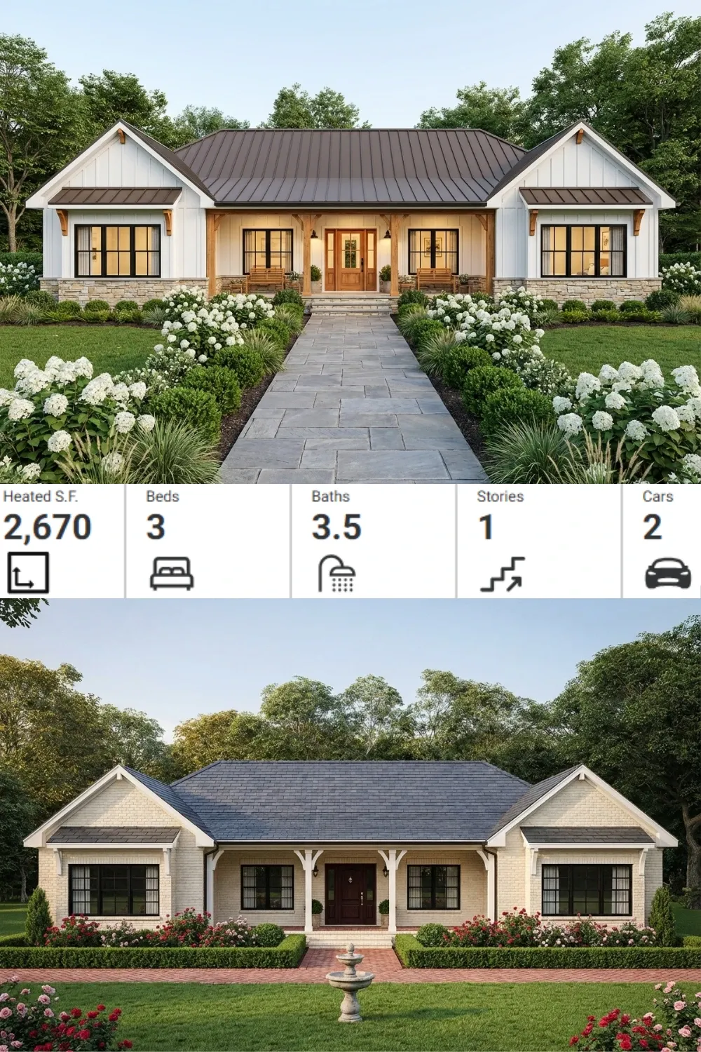 2,670 Sq Ft Modern Farmhouse Ranch Plan - 3 Bed, 3.5 Bath