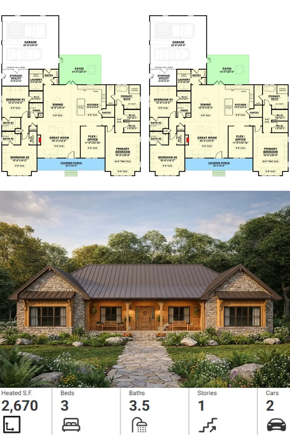 Rustic Craftsman Ranch Floor Plan with Main Level Living