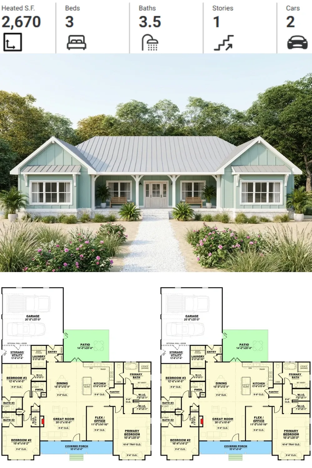 Coastal Cottage Style Ranch House Plan - 3 Bedroom Layout