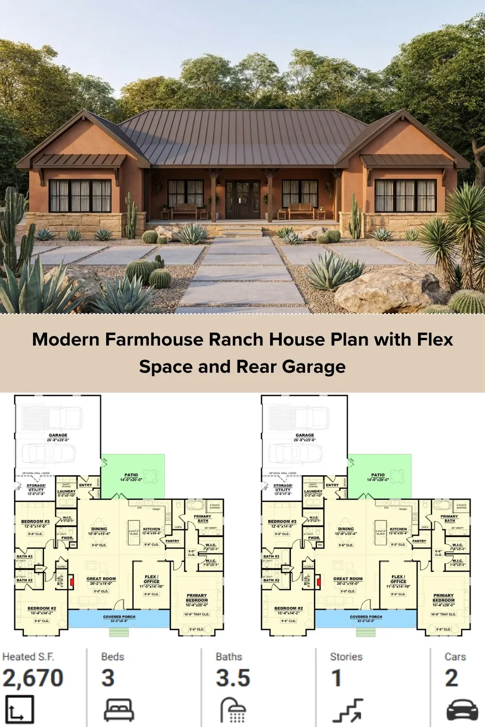 Southwestern Style Modern Farmhouse Ranch with Rear Garage Option