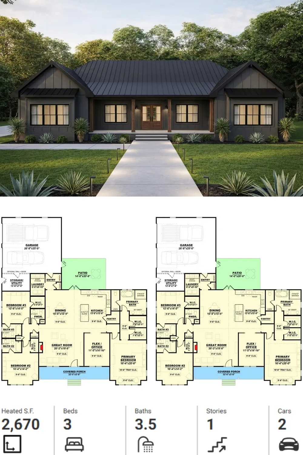 Moody Modern Farmhouse Ranch Plan with Versatile Flex Space
