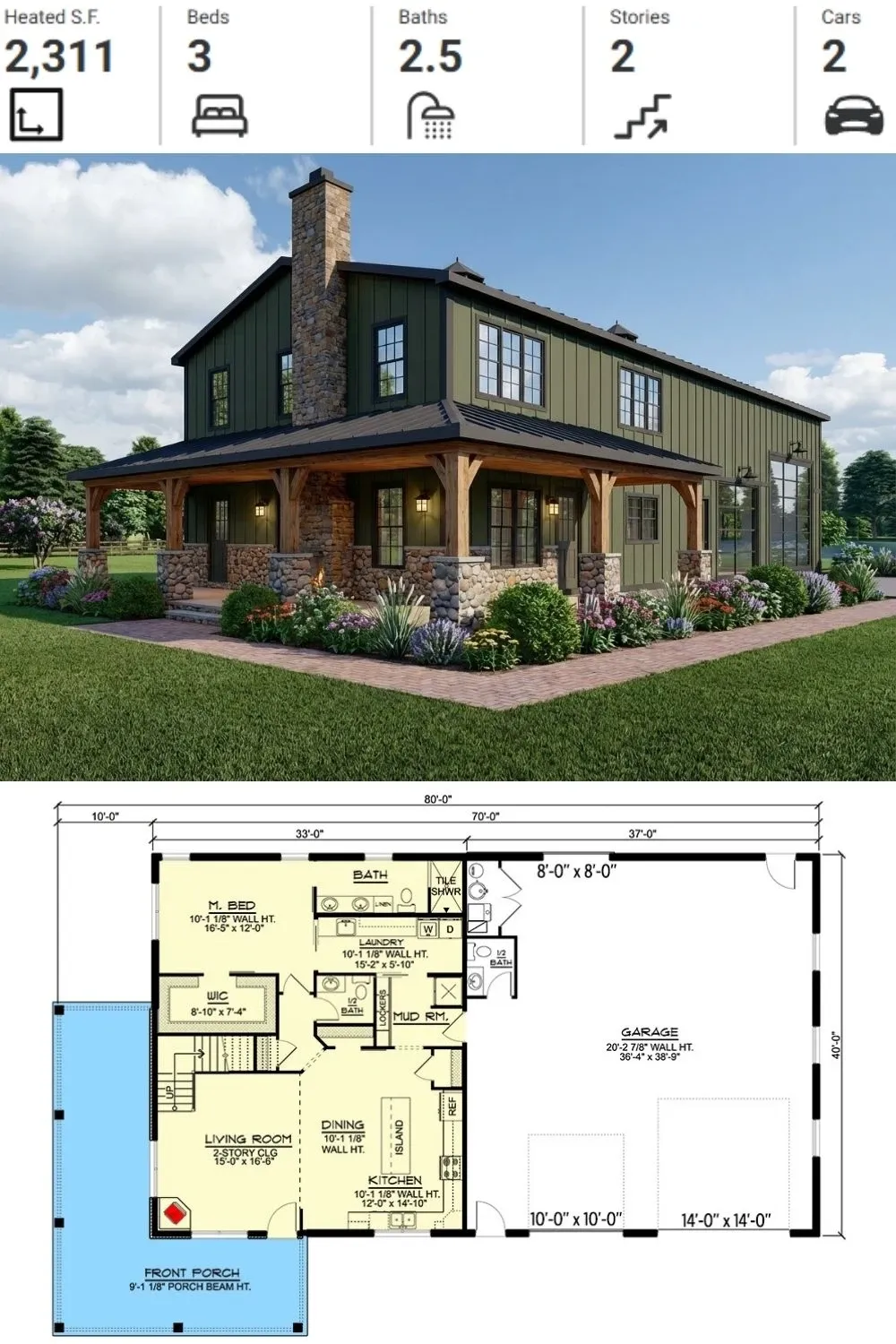 Rustic Green Barndominium with Workshop Plan