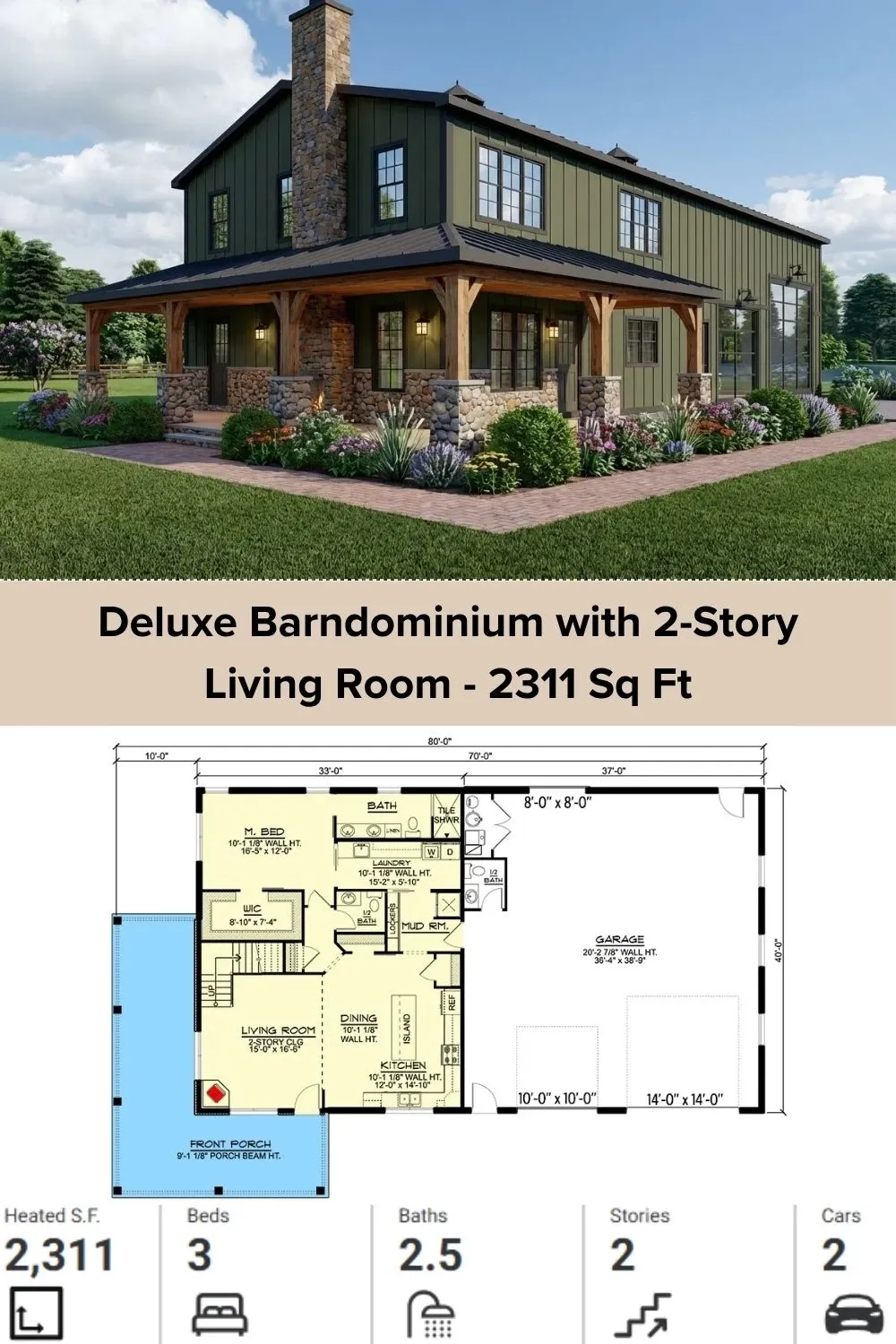 2-Story Barndominium Plan - 3 Beds, Large Shop