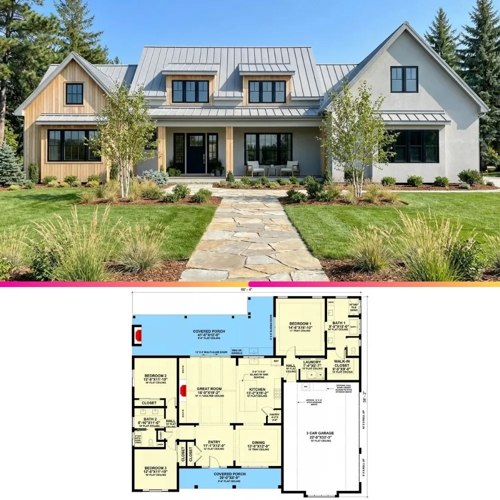 Dreamy Single Story Modern Farmhouse Plan with 3 Car Garage