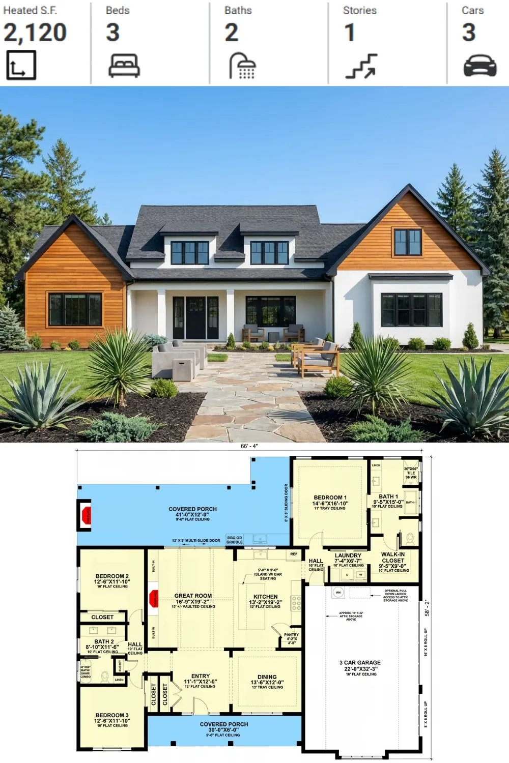 Warm Wood & White Modern Farmhouse - Single Story Plan