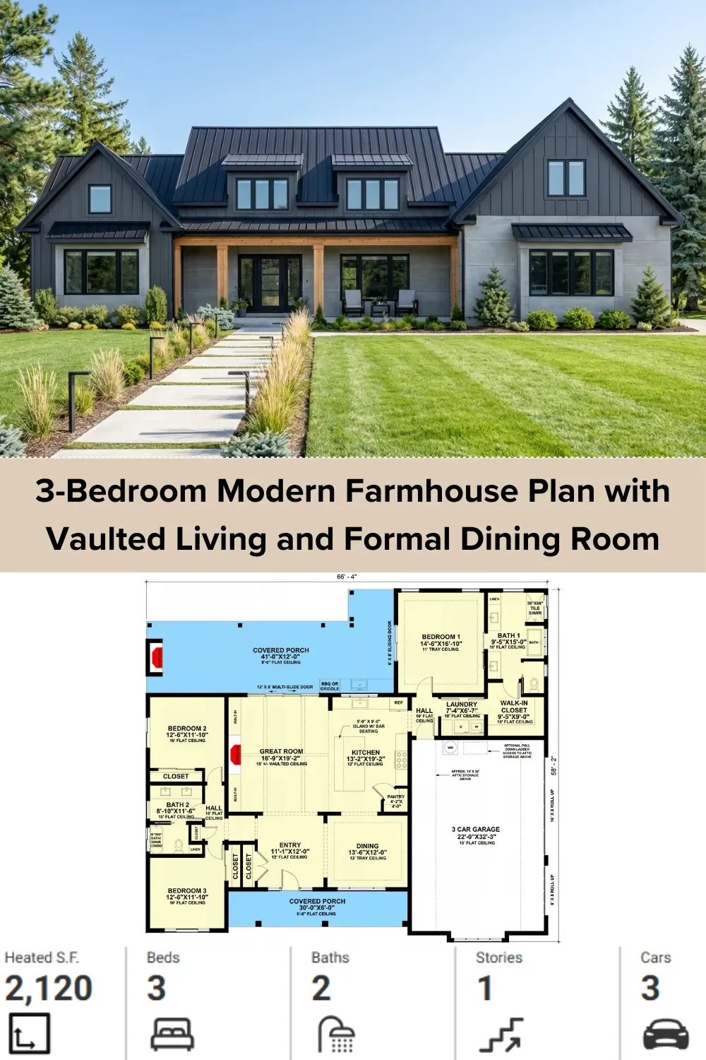 Dark & Moody Modern Farmhouse with Vaulted Living Room Plan