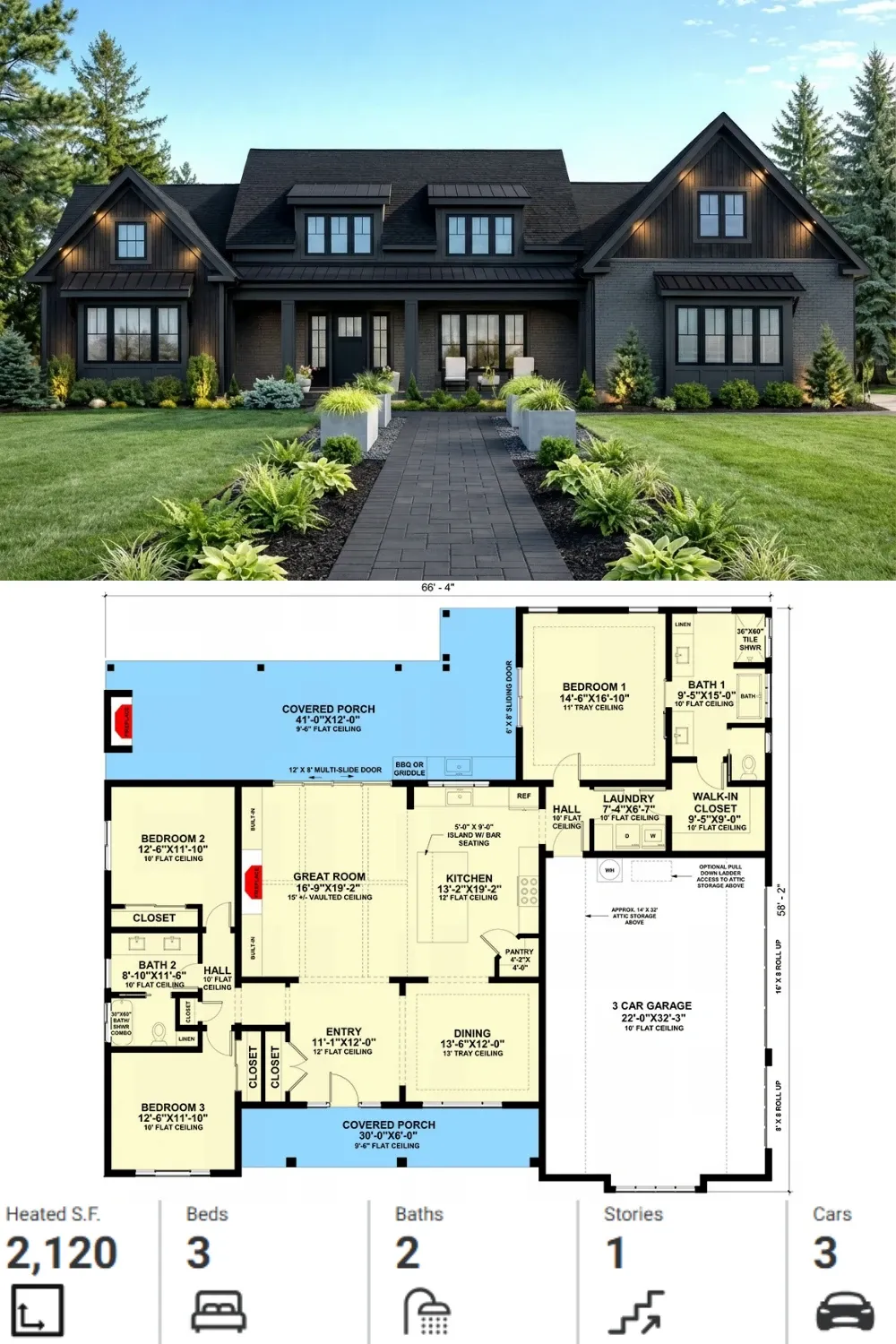 Black Modern Farmhouse with 2,120 Sq Ft Split-Bedroom Plan