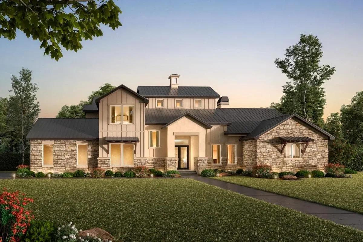 Front exterior rendering of Hill Country plan 54024LK with stone veneer and standing seam metal roof
