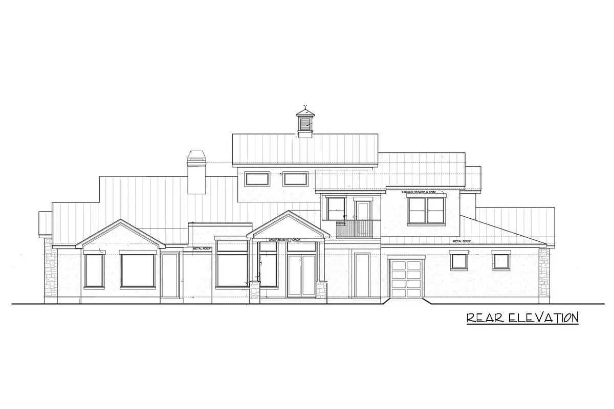 Rear exterior view showing covered porch and tower element on plan 54024LK
