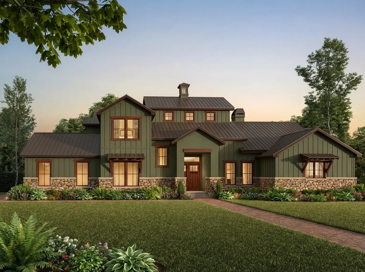 Woodland Craftsman facade variation with dark green siding and fieldstone