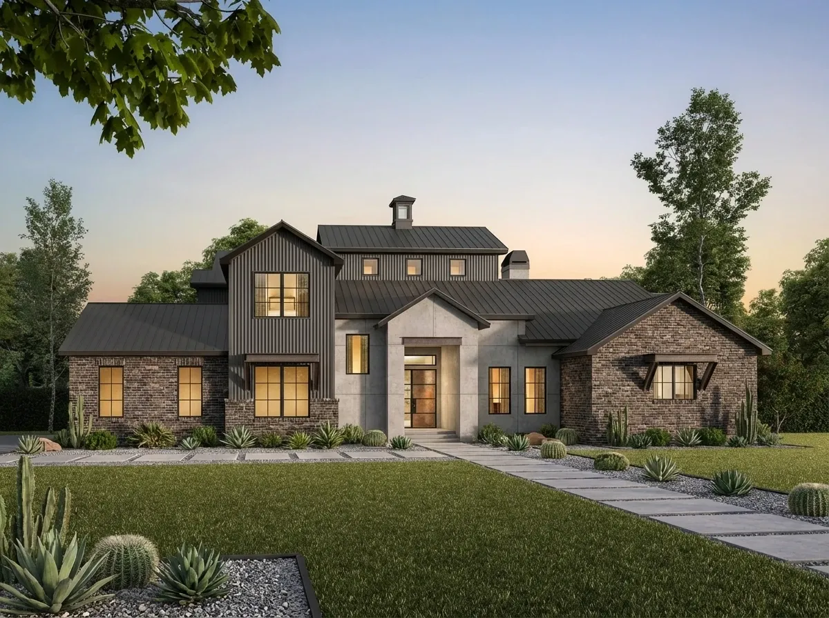 Industrial Modern Southwest facade with dark metal siding and xeriscaping