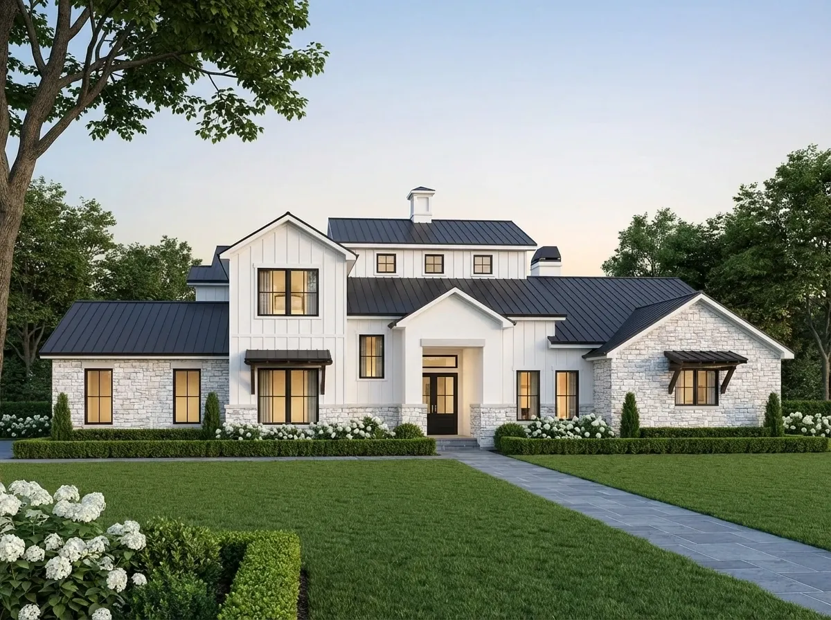 High-Contrast Modern Farmhouse facade with white siding, black trim, manicured landscape