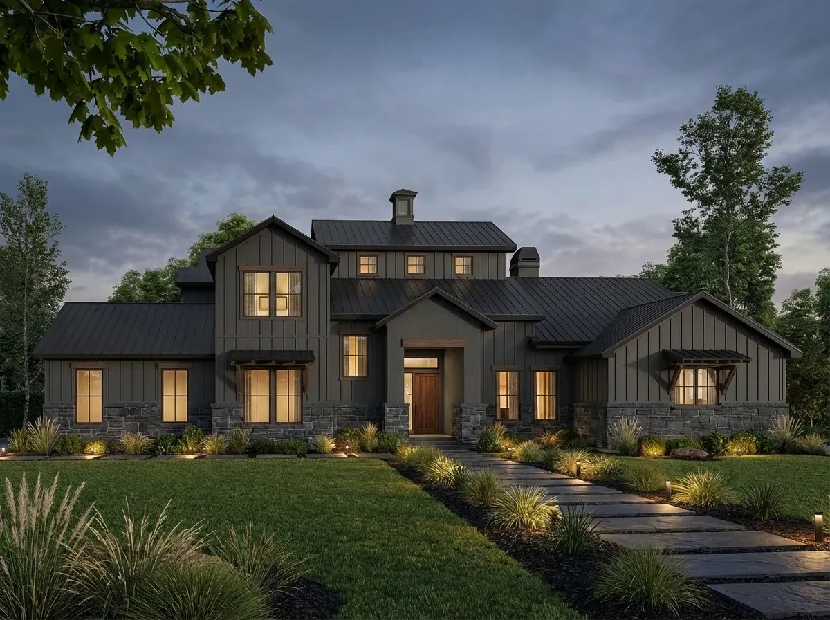 Moody Contemporary facade with charcoal siding and stacked stone