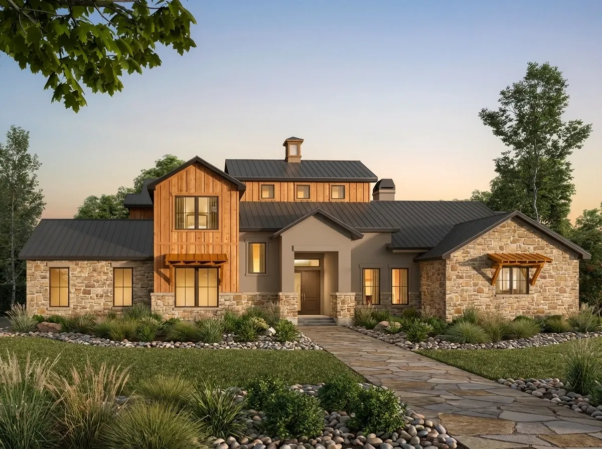 Rustic Mixed Material facade with timber siding, stucco, and fieldstone