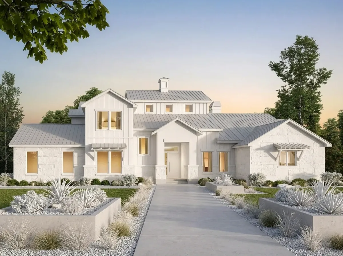 Monochromatic Minimalist facade with white siding and pale grey metal roof